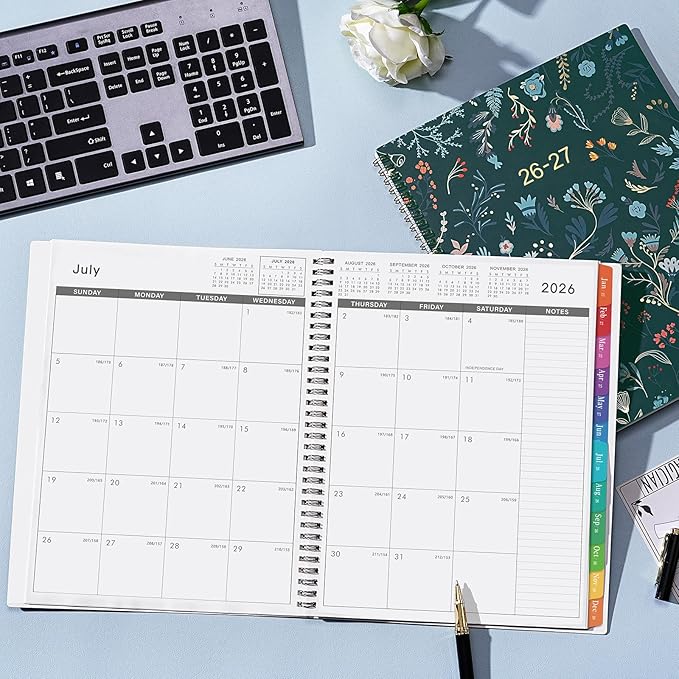 2026-2027 Monthly Planner - Planner 2026-2027, Monthly Calendar 26-27, Jul. 2026 - Dec. 2027, 9" x 11", 18 Month with Colourful Tabs & Pocket, Flexible Cover, Twin-Wire Binding, Thick Paper - Green