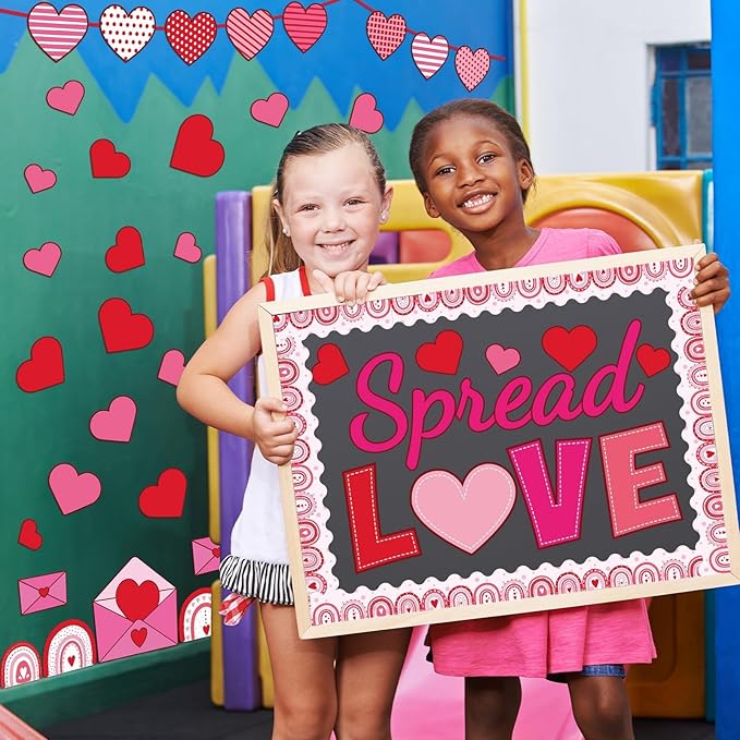 Spread Love Valentine's Day Bulletin Board Decorations Valentines Day Classroom Bulletin Board Border Rainbow Envelopes Red Pink Paper Heart Cutouts Valentines Party Supplies School Office Wall Decor