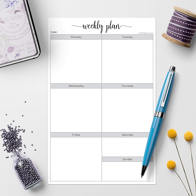 321Done Blank Week Planning Pad - 50 Sheets (5.5" x 8.5") - Weekly Days of Week Notepad, Planner Organizing - Made in USA - Simple Script