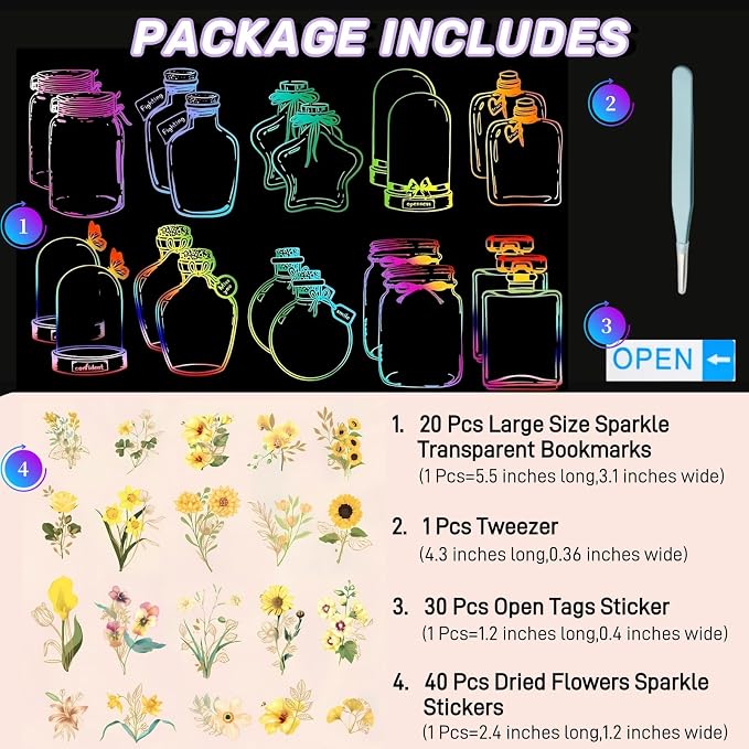 91 Pcs Homemade Bookmarks Kit,Colorful Sprout Bookmark and Pressed Flower Stickers,Bookmark Making Kit for DIY Beautiful Flower Page(Large Size)