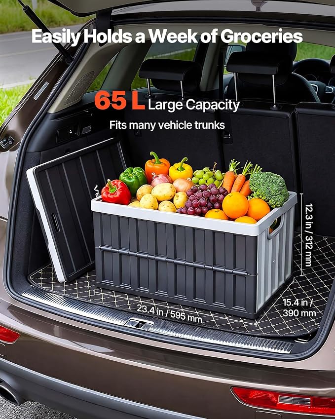 VEVOR Plastic Collapsible Storage Bins with Lids, 65L 3 Packs, Stackable Folding Storage Crates with Handles, Holds 84 lbs Per Bin, Heavy Duty Containers, Space-Saving Baskets, for Home Organizing