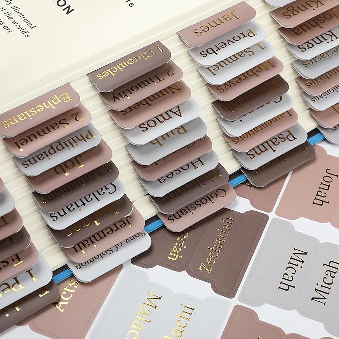 Mr. Pen- Bible Tabs, 75 pcs, Warm Mocha, Gold Foil Embossed Lettering, Laminated Bible Tabs for Women and Men