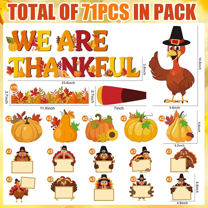 71 Pcs Thanksgiving Turkey Bulletin Board Decorations We are Thankful Classroom Bulletin Board Fall Pumpkin Turkey Maple Leaf Cutouts Decor for Autumn Harvest School Chalkboard Wall Decor Supplies