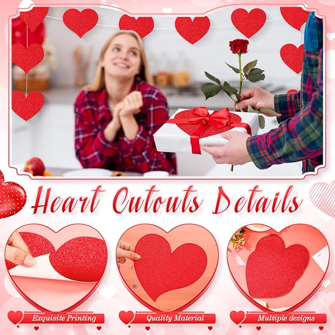 TaoBary 24 Pcs 7.08 Inch Valentine's Day Glitter Heart Cutouts Large Red Paper Heart Shaped Cutouts for Bulletin Board Decorations for Valentine's Day DIY Craft Classroom Poster Wall Party Decor
