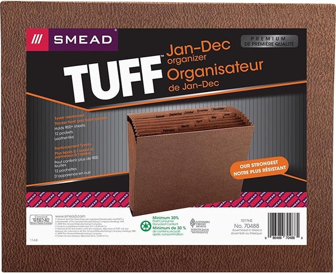 Smead TUFF Expanding File, Monthly (Jan.-Dec.), 12 Pockets, Letter Size, Redrope-Printed Stock (70488)