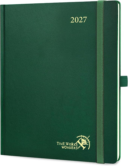 POPRUN 2027 Planner Weekly and Monthly, Large 8.5" x 10.5" Calendar, Jan 2027- Dec 2027 Agenda, Daily Appointment Book with Hourly Time Slots, Monthly Tabs, Hardcover, 100 GSM - Dark Green