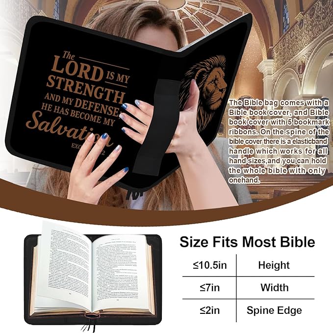 Lion Large Bible Cover Case for Men,Bible Bag for Boys,Bible Carrier,Bible Holder Organizer,The Lord is My Strength,Bible Study Supplies Journaling Kit With Highlighter,Tabs,Pen,Christian Gift