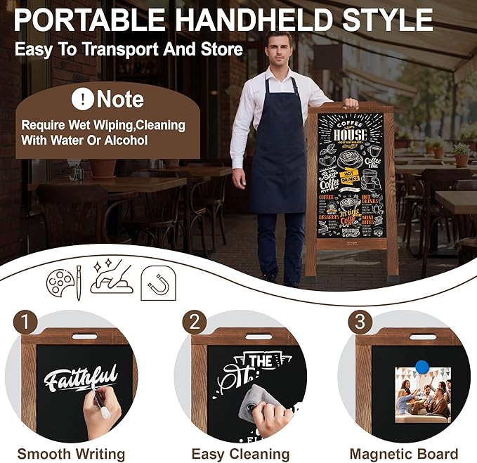Magnetic Portable A-Frame Chalkboard Signs, 40" x 20" Large Wood Sandwich Board Signs Outdoor, Double-Sided Sidewalk Standing Chalk Board for Business, Wedding, Vendor Display, Coffee Shope - Brown