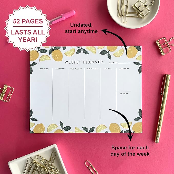Weekly Planner Notepad - 9x7” inches, 52 tear off sheets - Undated Desk Planner Pad Calendar Notepad Organizer for Weekly To Do List, Notes and Schedule (Lemons)