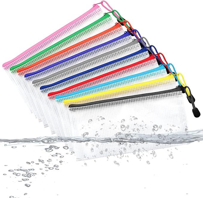 Hedume 50 Pack 10 Colors Zipper Mesh Pouch, A6 (9.1 x 4.7 inches) Zipper Pouch Waterproof Plastic Zip File Bags, for Bills, Cosmetics, Travel Storage and Office Supplies