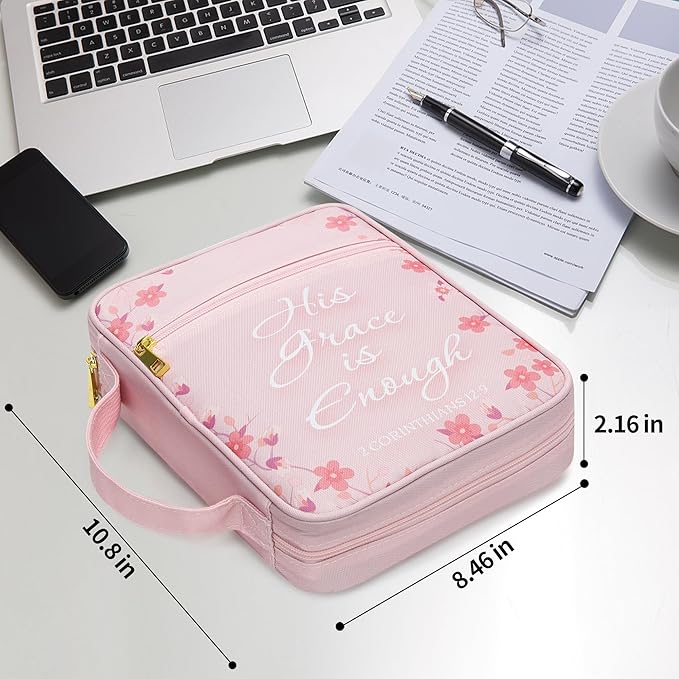 Bible Cover for Women, Bible Holder, Bible Cover Carrier Carrying Organizer Bag, God is Within Her She Will Not Fall, Zipper and Pockets for Standard Size Bible, Gift for Women（Pink Leaves）