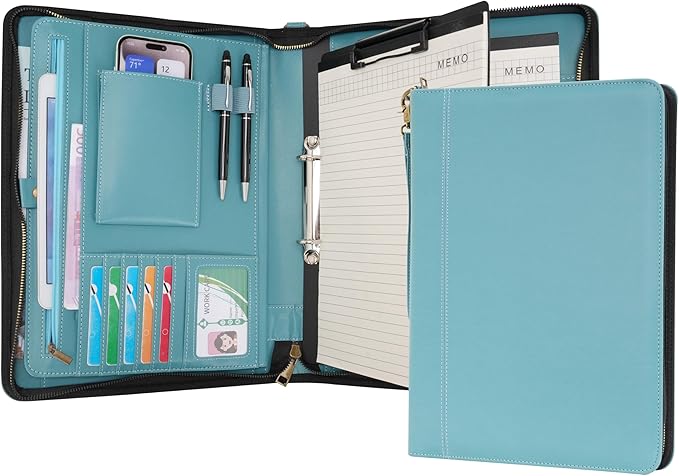 Wason A4 Portfolio with Zipper - Leather PU Padfolio with Detachable Ring Binder and Writing Notepad Holder, Conference File Multi-Pockets Organizer for Office Travel School (Cyan)
