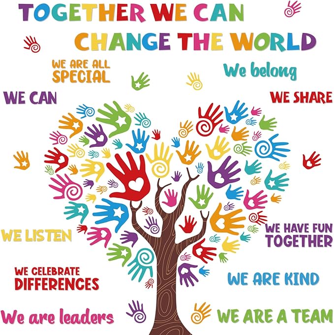 Dispowreath 131 Pcs Colorful Diversity Bulletin Board Set Diverse Handprint with Tree Cutouts Inspirational Diversity Classroom Decorations for Welcome Back to School Classroom Door Bulletin Board