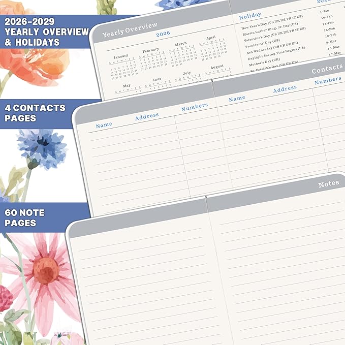 2026-2029 Pocket Calendar - Pocket Planner from Jul. 2026 to Jun. 2029, 3 Year Clendar Monthly Planner 2026-2029, 6.3" x 3.7", 60 Note Pages, Pen Holder, Pockets - Flowers