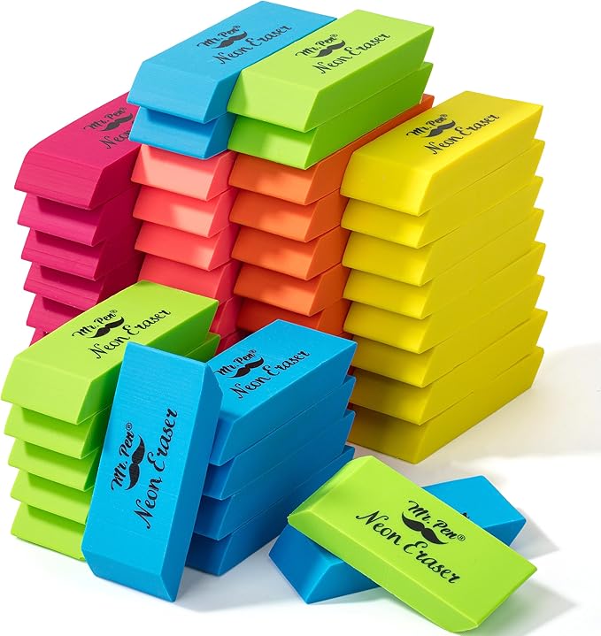 Mr. Pen- Pencil Eraser, 48 Pack, Neon Colors, Large Latex Free Block Erasers Bulk for School, Office, Art Sketching, Homework, Exams, Clean Smudge-Free Correction