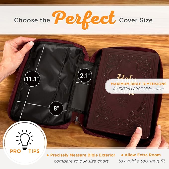 Christian Art Gifts Polyester Bible Cover for Men & Women w/Jesus Fish Patch, Secure Zipper Pocket, Pen Loops, Easy Carry Stationery Book Case, Accessories, Burgundy, XL