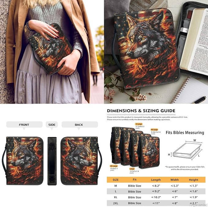 Lotusorchid American Flag Wolf Leather Bible Cover for Women, Large Bible Carrying Case with 2 Book Marks, Waterproof Bible Cover Case for Women, Red and Black, Size XL