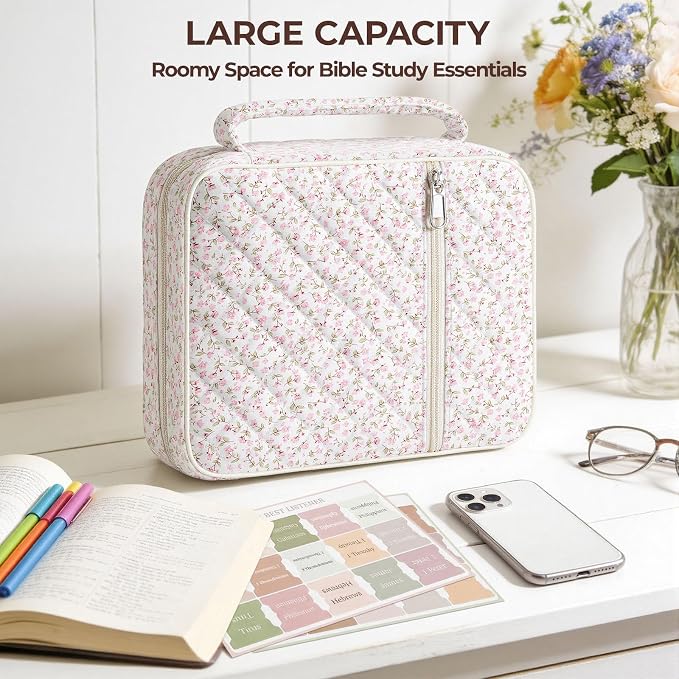 Quilted Bible Cover Case for Women with Bible Study Supplies Journaling Kit Floral Bible Bag Carrying Case with Pastel Highlighters Tabs, Women Christmas Christian Gifts (Pink Floral, L)