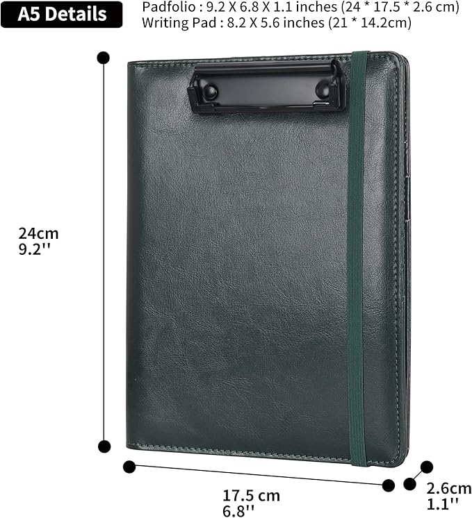 Wonderpool A5 PU Leather Clipboard Partfolio Recipe Binder Notepad Forms Holders Document Case - Interview Planner Meeting Writing Padfolio File for Office Travel School Hotel Restaurant (A5,Green)