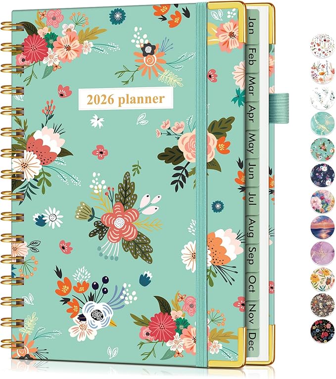 2026 Planner, Hardcover Weekly and Monthly Planner for Women, January 2026 - December 2026, Spiral Yearly Agenda Organizer Book 2026 with Tabs, Daily Calendar Planners for School Work Home, A5 (5.75" x 8.38"), Teal Floral