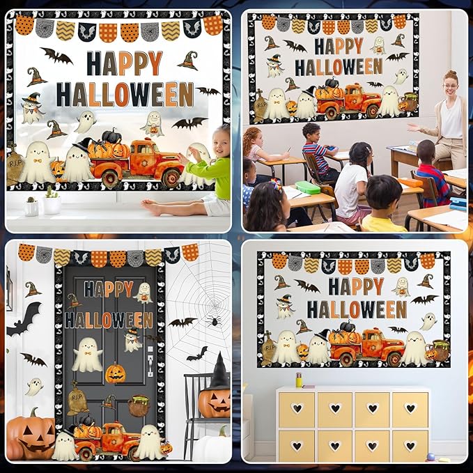 Justforjoyful Halloween Bulletin Board Set Vintage Ghost Evil Pumpkin Bat Bulletin Board Happy Halloween Cutouts Classroom Wall Decor for School Home Chalkboard Fall Party Supplies