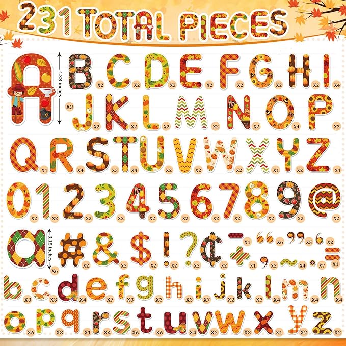 Faccito 231 Pcs Thanksgiving Letters Cutouts for Bulletin Board Decorations Fall Thanksgiving Letter Classroom Bulletin Board Set 4.3" 3.2" Turkey Alphabet Number Punctuation Accent School Decor