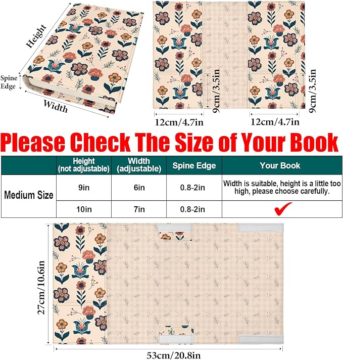 Floral Book Cover for Paperbacks,Adjustable Waterproof Soft Canvas Fabric Book Cover with Pocket Bookmark,Double Side Print Book Protector Covers for Hardcover Book Lover Gift Women