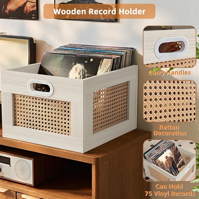 LELELINKY 2 Pack Vinyl Record Storage Crates, Rattan Vinyl Record Holder with Handle, Wood Record Crate for Vinyls Holder up to 75 LP's, Desktop Cube Album Storage for Vinyls Records(Grey White)