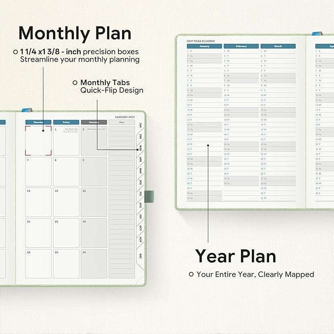Planner 2026-2027 Weekly & Monthly Planner, 18 Month Academic Calendar July 2026 – Dec 2027, Horizontal Layout with Monthly Tabs, Textured Fabric Hardcover, Green