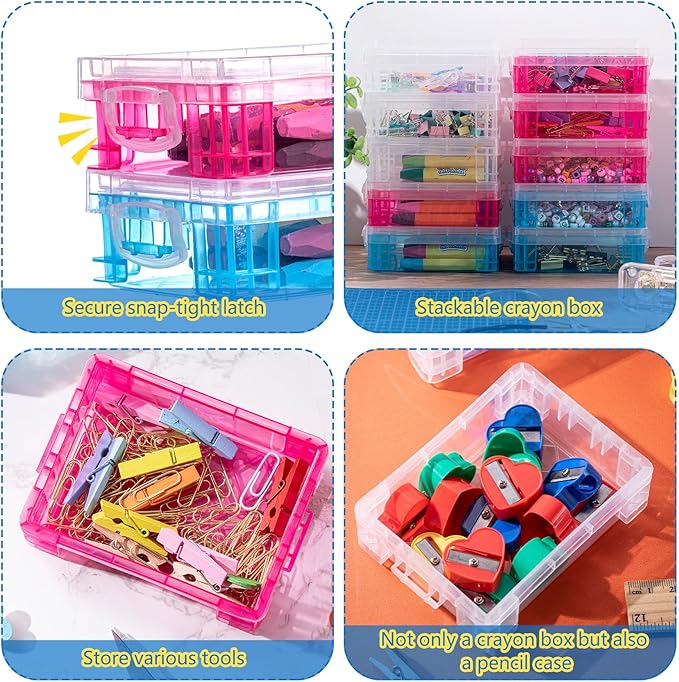 Suzile 40 Pcs Plastic Crayon Boxes Holds 24 Crayon with Snap Lid Storage Container Clear Stackable Case for School Office Classroom Supplies Pen Pencil Craft(Clear, Red, Blue)