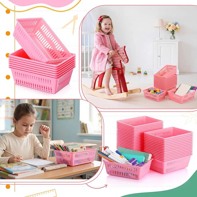 Sherr 36 Pack Classroom Storage Basket Small Plastic Basket for Organizing Crayon Pencil Container Storage Bin Tray Holder for Paper Shelf Back to School Office Supply 6.1" l x 4.3" w x 2.4" h(Pink)