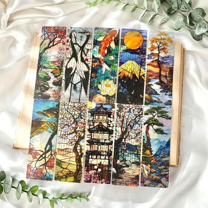 Pretty Stained Glass Bookmark - 10 Pcs Japanese Nature Art Bookmarks for Women Men Book Lovers Students Aesthetic Page Marks School Office Reading Accessories Bookish Birthday Graduation Gifts