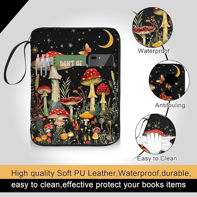 Book Sleeve Book Protector Case, PU Leather Waterproof Kindle Pouch, Cute Book Pouch with Zipper, 12.6"x 9.4" Mushroom Print Portable Book Cover Bag for Book Lovers Gifts Paperbacks Hardcover