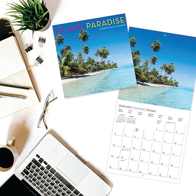 Graphique 2026 Island Paradise Mini Wall Calendar | 7” x 7” | Thick Paper | Home & Office Organizer | Large Monthly Grid | 3 Languages & Marked Holidays | 4 Month Preview Page for 2027