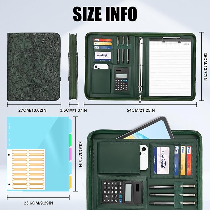 Portfolio Organizer - 3 Ring Binder with Zipper, Vegan Leather Business Padfolio Folder with Notepad Includes 5 Dividers with 10 Pockets for Documents Files for Men Women