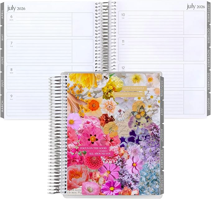 7x9 Coiled Life Planner (January 2026 - December 2026) - Floral Collage classic cover, horizontal layout, Minimal theme, platinum coil