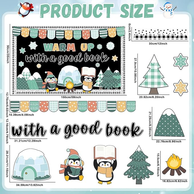 64Pcs Winter Reading Bulletin Board Decoration Set Warm up with a Good Book Classroom Decor Winter Penguin Snowflakes Paper Cutouts for School Home Chalkboard Christmas Xmas Holiday Party Supplies