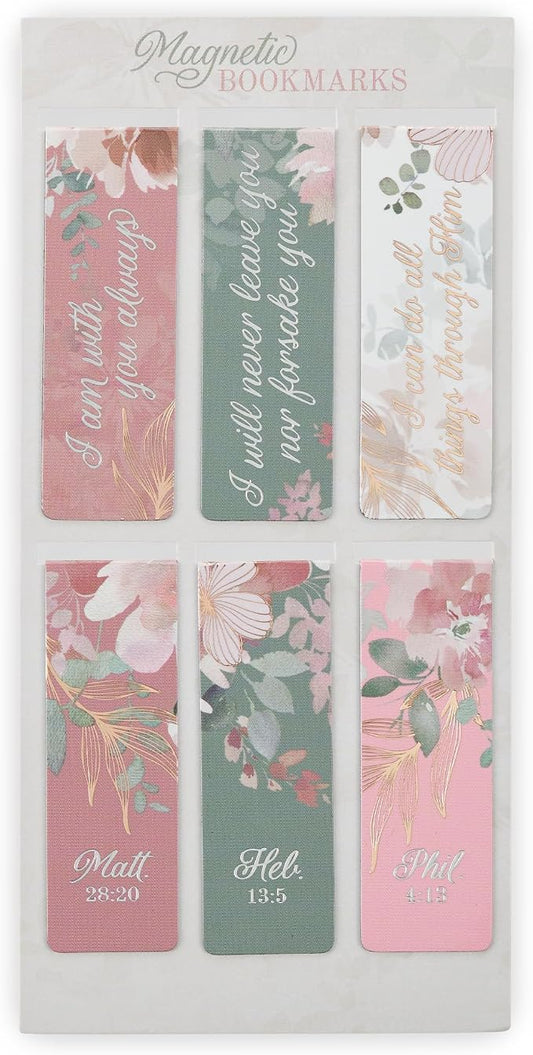 Christian Art Gifts Colorful Inspirational Magnetic Scripture Bookmark Pagemarker Set for Women: Encouraging Bible Verses, Cute Pink, White, Teal Multicolor Floral Theme for Books, Bibles, 6 Piece Set