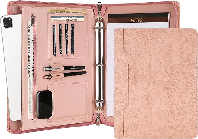 Vegan Leather Padfolio, 3 Ring Binder - Pink Padfolio with Pattern, Handmade Portfolio Organizer