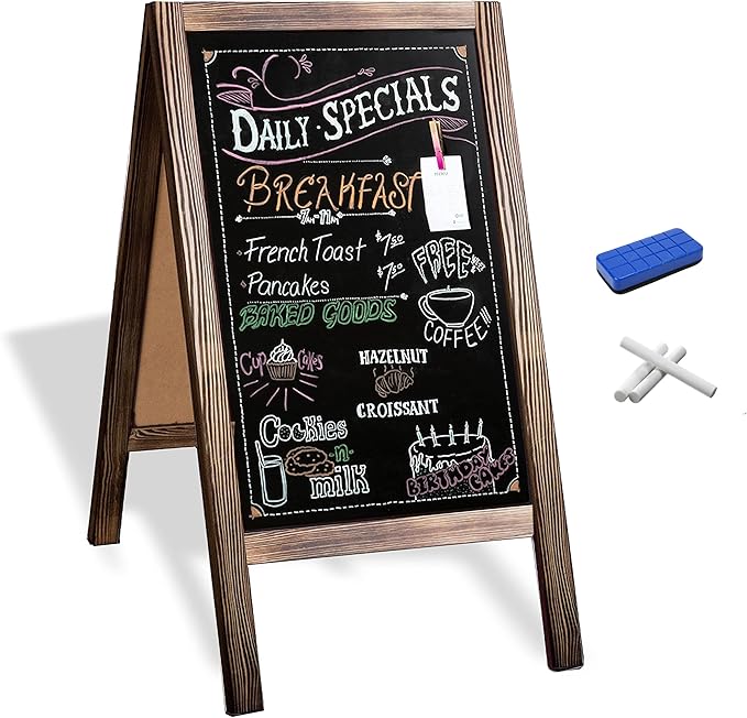 Ilyapa Wooden A Frame Sign Sandwich Board with Eraser & Chalk - 40 x 20 Inches Magnetic Chalk Board Easel Sign – Rustic Natural Wood Sidewalk Chalkboard Signs Menu for Restaurant, Business or Wedding