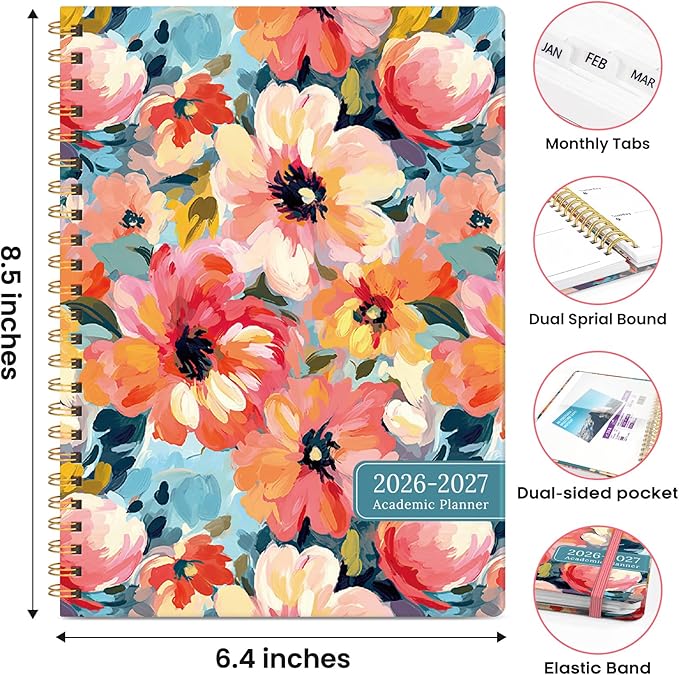 Academic Planner 2026-2027, Weekly and Monthly Calendar Book, July 2026 – June 2027, Hardcover Planner with Tabs, Perfect for Teachers, Students, Women & Men, A5 (6.4" x 8.5") - Pastel Garden