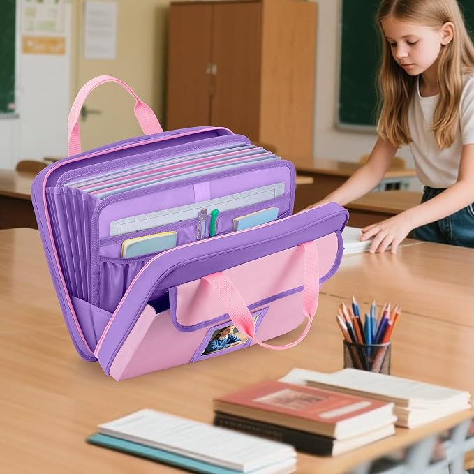 GRAOSO Zipper Document Bag for Boys and Girls, 9 Expandable Folders, Baby Portfolio Organizer Case with Customized Photo and Name Areas, Pink