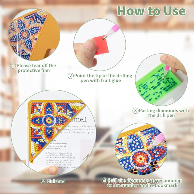 6 PCS Diamond Art Bookmarks, Diamond Painting Bookmarks for Book Lovers 5D DIY Bookmark Corner Bookmark Adults Crafts Diamond Art Kits for Home Office Beginner Adults Gift