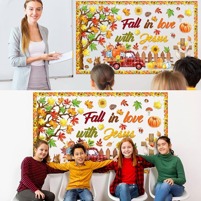 AmazingSpark 99 Pcs Fall Tree Bulletin Board Decorations with 300 Pcs Glue Points Autumn Thanksgiving Maple Leaves Pumpkin Acorns Cutouts Autumn Harvest Cutouts for School Classroom Wall Decoration
