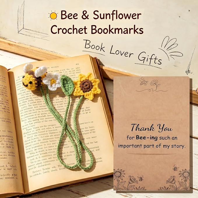 Sereney 2 Pack Bookmarks as Teacher Gifts, Book Lovers Appreciation Gifts Handcrafted Crochet Bee Sunflower Bookmark as Thank You Gift for Women Friend Coworker,Bookish Reader Reading Club Accessories