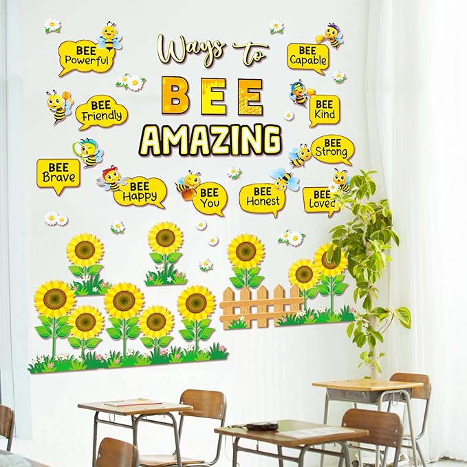 60 PCS Bee Theme Classroom Decorations- Bee Hive Cutouts Bee Bulletin Board Decoration Set Sunflower Cutouts Decor for Bulletin Board Classroom Back to School Library Hoom Window Wall Bee Theme Decor