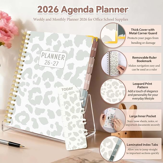 2026-2027 Academic Planner, Large Weekly & Monthly Appointment Book from Jul. 2026 - Jun. 2027, Work Life Daily Hourly Planner with Time Slots, A4 Agenda Organizer for School,Leopard Print, 8.5" x 11"
