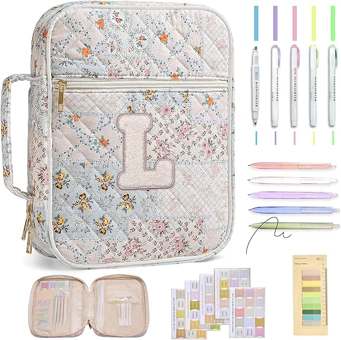 Personalized Initial Bible Cover Case for Women – Large Quilted Bible Bag with Handle, Chenille Letter, Bible Study Kit, Christian Gift for Mom, Grandma & Daughter (Patchwork Floral-L)