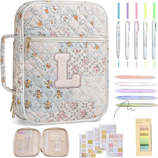 Personalized Initial Bible Cover Case for Women – Large Quilted Bible Bag with Handle, Chenille Letter, Bible Study Kit, Christian Gift for Mom, Grandma & Daughter (Patchwork Floral-L)