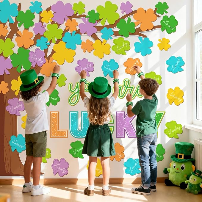 Whaline 99 Pcs St. Patrick's Day Tree Bulletin Board Decoration Colored Shamrock Clover Tree You are Lucky Charm Paper Cutouts with 200 Pcs Glue Points for Irish Party Classroom Wall Decor